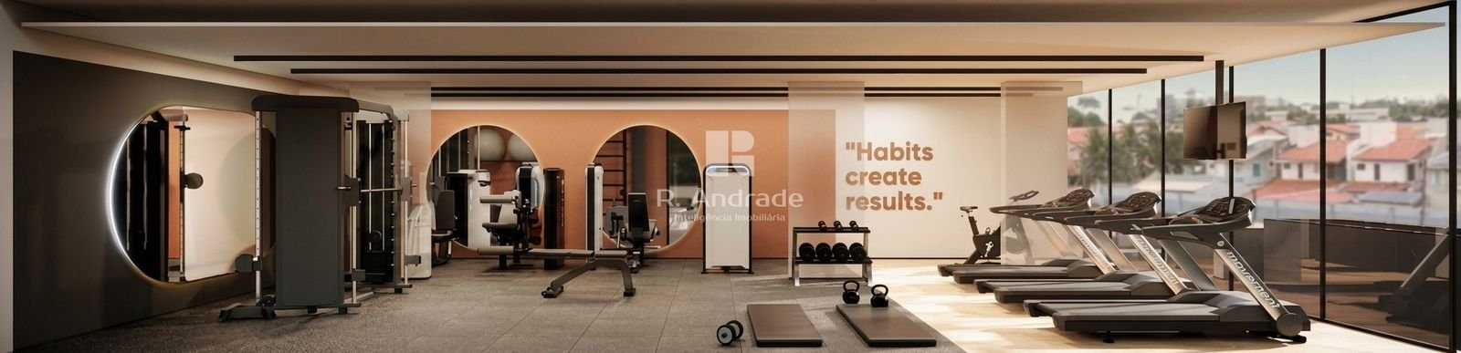 Perspectiva da academia com esteiras junto à janela de vidro, aparelhos de musculação e espelhos redondos